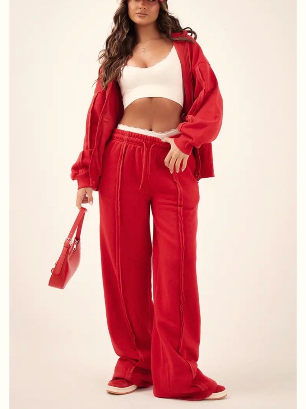 Pretty Little Thing Red OVERSIZED WIDE LEG SEAM DETAIL Sweatpants Sz S Lounge